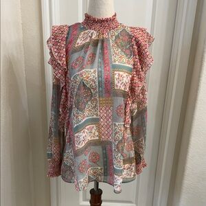 Ritu Kumar Pink & Teal Patchwork Ruffle High-Neck Sheer Blouse